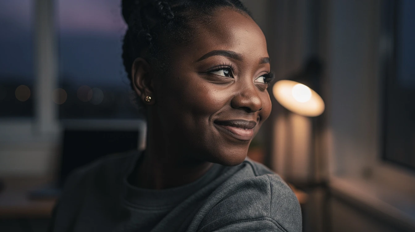 Young professional smiling softly after a high-stakes session — late-evening home office, warm desk-lamp glow on her face, calm and confident
